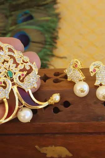 Designer gold plated cz peacock pendants set