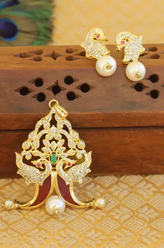 Designer gold plated cz peacock pendants set