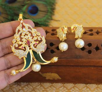Designer gold plated cz peacock pendants set 2