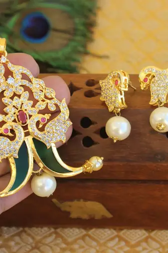 Designer gold plated cz peacock pendants set