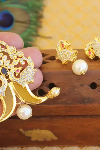 Designer gold plated cz peacock pendants set
