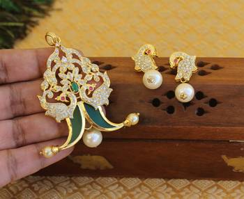 Designer gold plated cz peacock pendants set 2