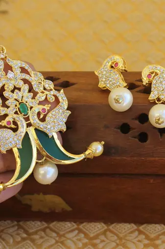 Designer gold plated cz peacock pendants set
