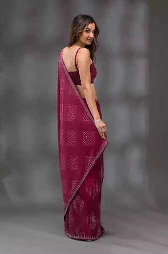 Trendmalls Wine Soft Silk Swarovski Work Designer Saree for Women