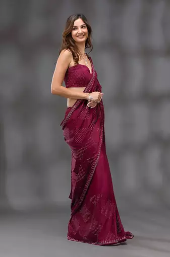 Trendmalls Wine Soft Silk Swarovski Work Designer Saree for Women