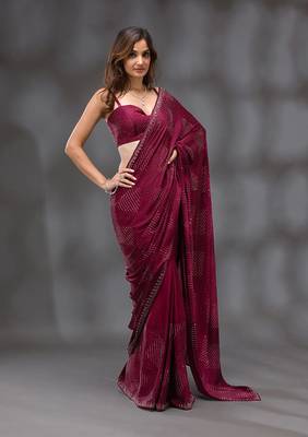 Wine Soft Silk Swarovski Work Designer Saree for Women 4