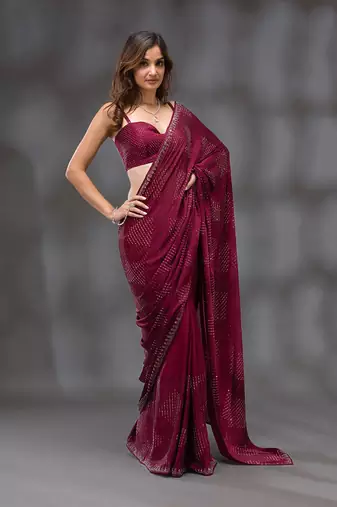 Trendmalls Wine Soft Silk Swarovski Work Designer Saree for Women