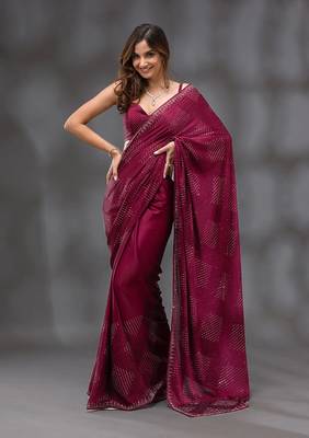 Wine Soft Silk Swarovski Work Designer Saree for Women 5
