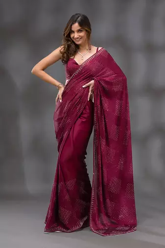 Trendmalls Wine Soft Silk Swarovski Work Designer Saree for Women