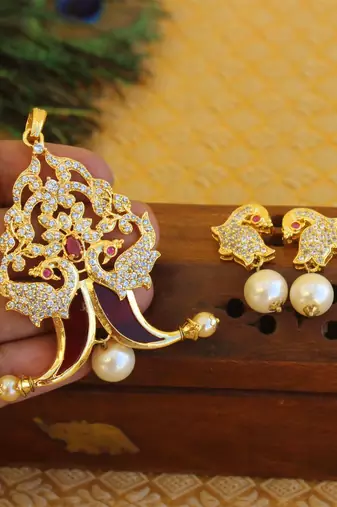 Designer gold plated cz peacock pendants set