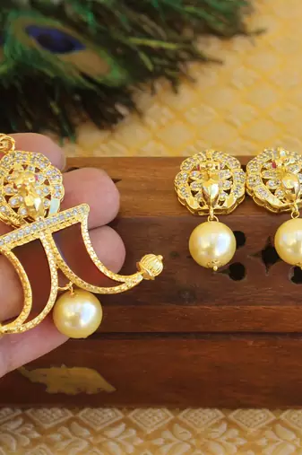 Designer gold plated cz peacock pendants set