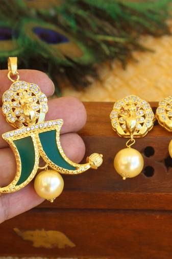 Designer gold plated cz peacock pendants set