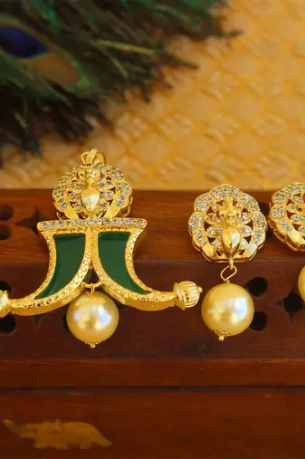 Designer gold plated cz peacock pendants set
