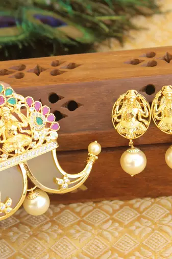 Designer gold plated cz temple pendant set