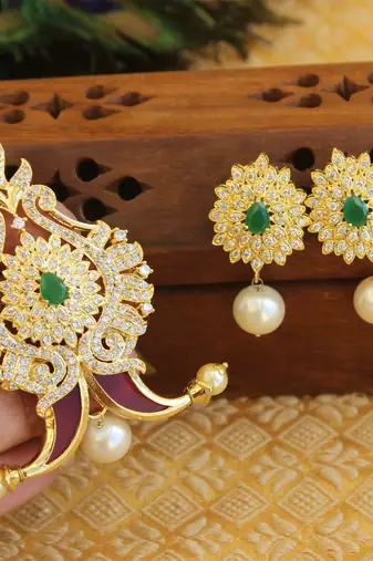 Designer gold plated cz peacock pendants set