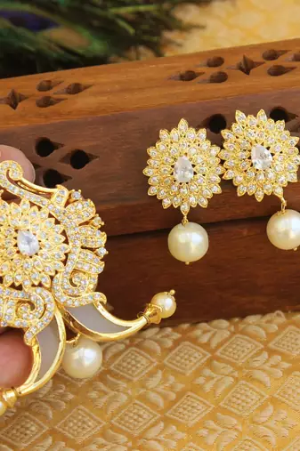 Designer gold plated cz peacock pendants set