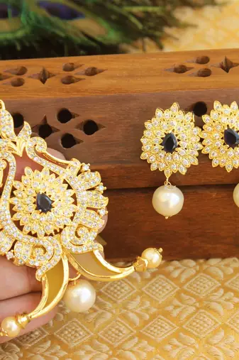 Designer gold plated cz peacock pendants set