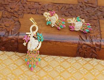 Designer gold plated cz peacock pendants set 2