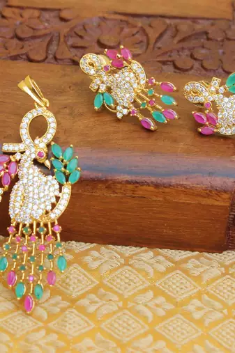 Designer gold plated cz peacock pendants set