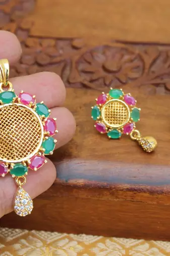 Designer gold plated ruby pendant set