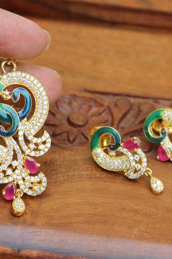 Designer gold plated cz peacock pendants set