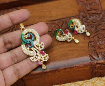 Designer gold plated cz peacock pendants set 2