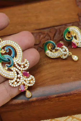 Designer gold plated cz peacock pendants set