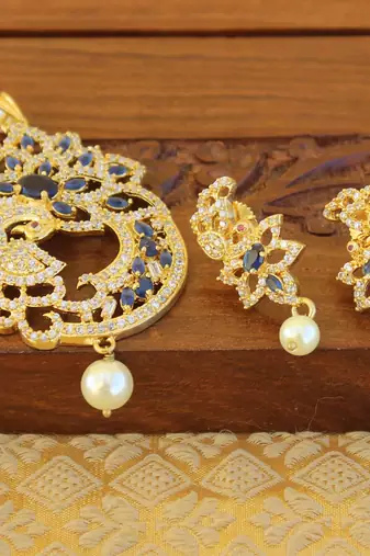 Designer gold plated cz peacock pendants set