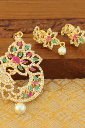 Designer gold plated cz peacock pendants set