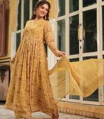 Janasya women's mustard georgette floral printed anarkali kurta set