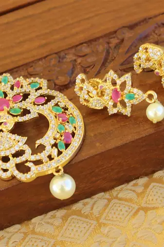 Designer gold plated cz peacock pendants set