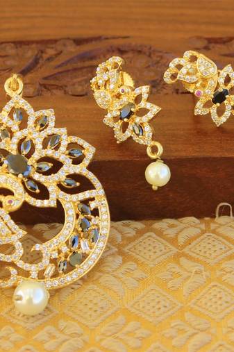 Designer gold plated cz peacock pendants set