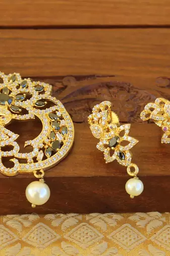 Designer gold plated cz peacock pendants set