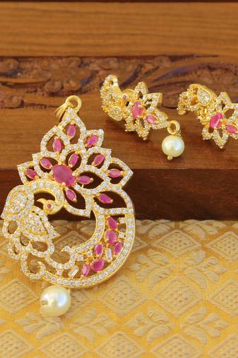Designer gold plated cz peacock pendants set