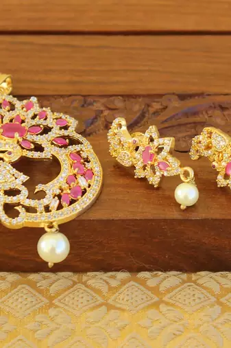 Designer gold plated cz peacock pendants set