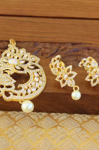 Designer gold plated cz peacock pendants set