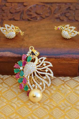 Designer gold plated cz peacock pendants set
