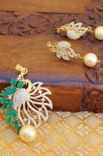 Designer gold plated cz peacock pendants set