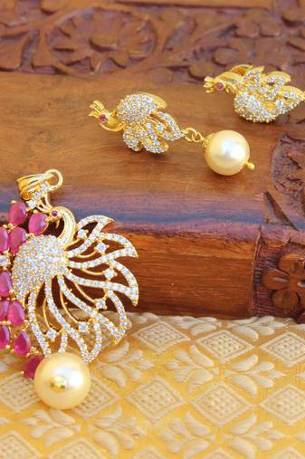 Designer gold plated cz peacock pendants set