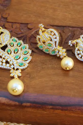 Designer gold plated cz peacock pendants set