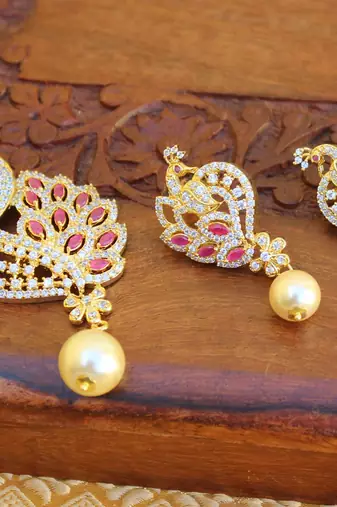 Designer gold plated cz peacock pendants set