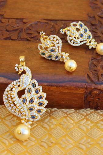Designer gold plated cz peacock pendants set