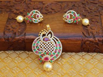 Designer gold plated cz peacock pendants set 1