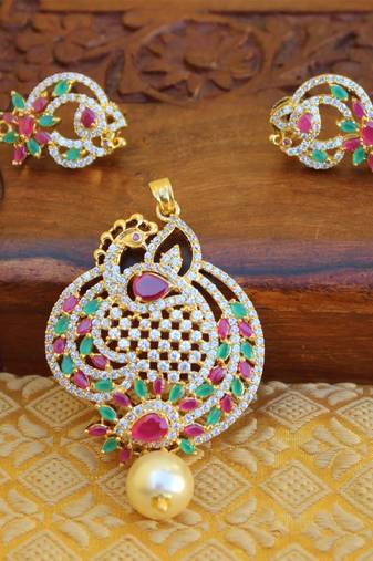 Designer gold plated cz peacock pendants set