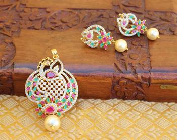 Designer gold plated cz peacock pendants set 2