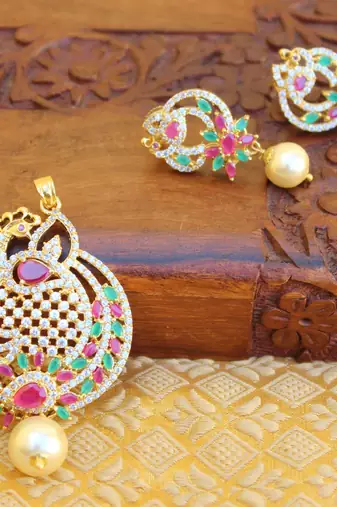 Designer gold plated cz peacock pendants set
