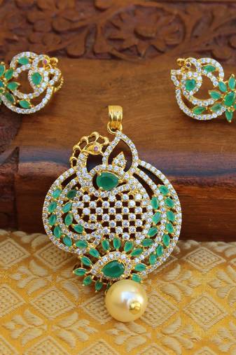 Designer gold plated cz peacock pendants set