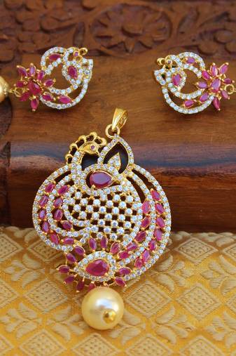 Designer gold plated cz peacock pendants set