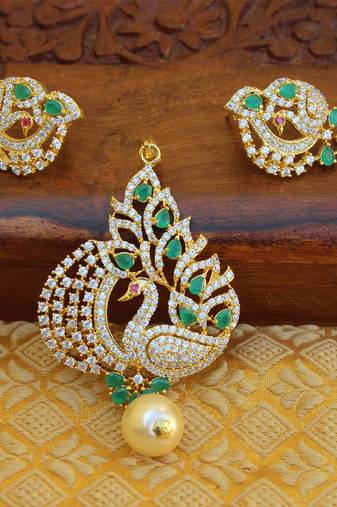 Designer gold plated cz peacock pendants set
