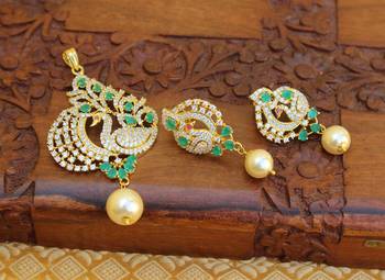 Designer gold plated cz peacock pendants set 2
